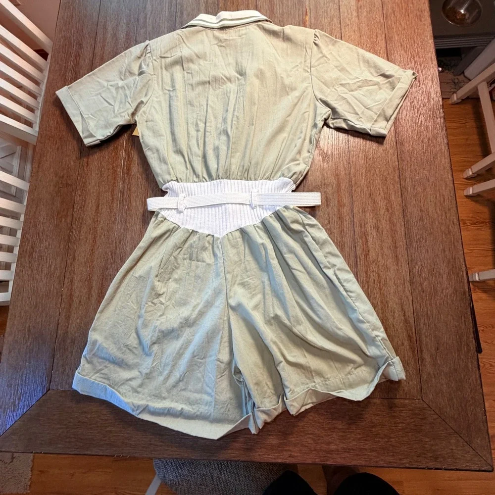 Vintage Dune Duds Sage Green Romper‎ Jumpsuit 80s Ribbed Waist Belted NWT Large
